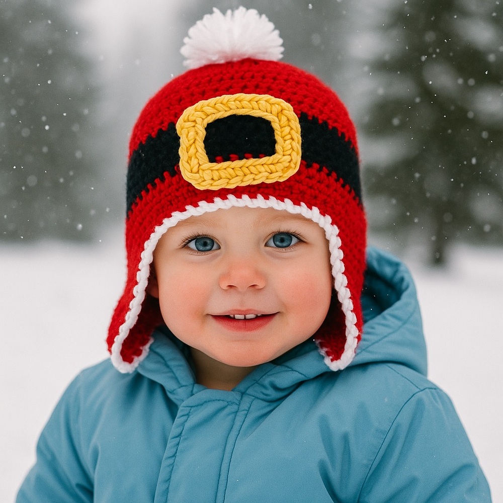Handmade‎ Santa Belt Crochet Winter Hat Red Black Gold Baby 6–12M Pom Pom Beanie